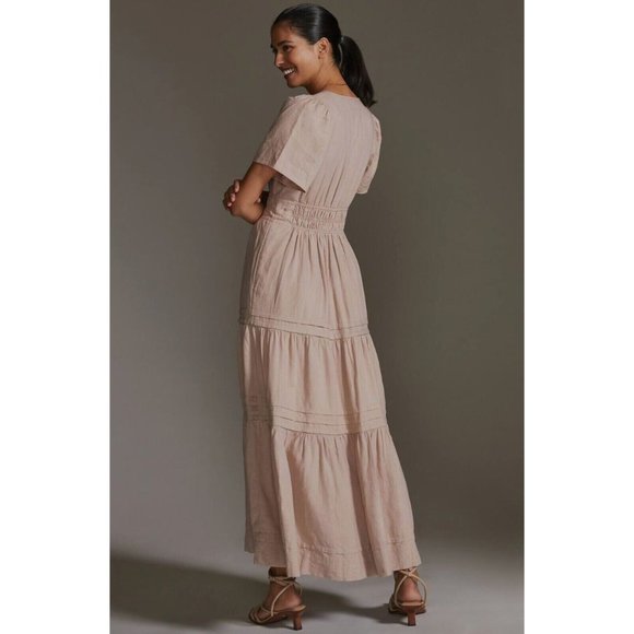 Anthropologie The Somerset Flowy Maxi Dress Linen Tiered Tan Light Brown XSP - Picture 2 of 15